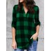 Casual Women Plaid V-neck Long Adjustable Sleeve Blouse