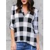 Casual Women Plaid V-neck Long Adjustable Sleeve Blouse