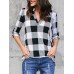 Casual Women Plaid V-neck Long Adjustable Sleeve Blouse