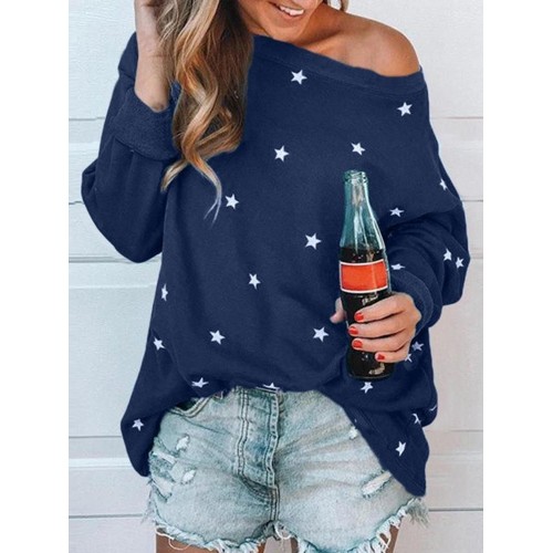 Women Long Sleeve Star Print O-neck Loose Casual Blouse