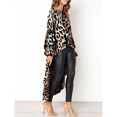 Women Leopard Print Long Sleeve Irregular Hem Blouse