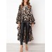 Women Leopard Print Long Sleeve Irregular Hem Blouse